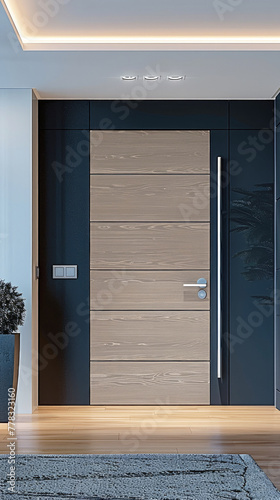 Wooden entrance door in a modern home or office interior in high-tech style. Interior Design. Vertical image.