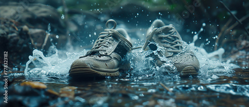A pair of running shoes left on a trail, slowly disintegrating into a stream of water, flowing away as if continuing the run without its wearer photo