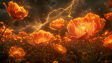 A rare phenomenon where lightning strikes cause flowers to sprout instantly, their petals reflecting the fiery glow, watched over by awestruck animals