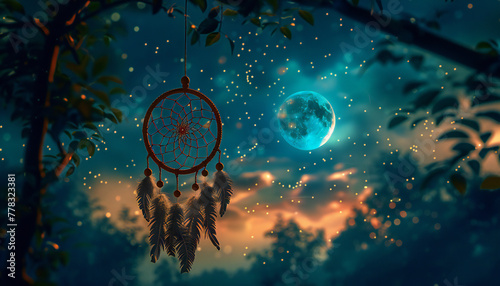 Recreation of a dream catcher in a tree a full moon night photo