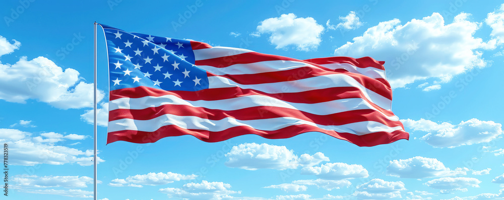 Flying national flag of the United States of America in the form of a wide graphic banner for political or elections with empty copy space.
