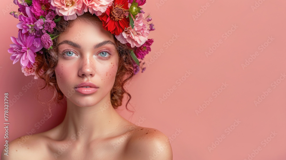 Fototapeta premium A radiant young woman adorned with a vibrant flower crown, embodying the essence of strength, beauty, and grace, celebrates International Women's Day, copy space.