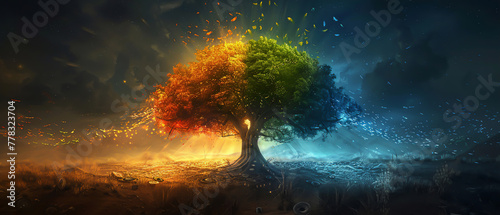 A tree whose leaves turn from gold to green, flourishing in reverse seasons, but its rings inside tell the true, unchangeable tale of its years