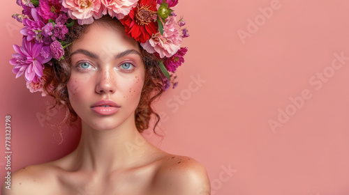 A radiant young woman adorned with a vibrant flower crown, embodying the essence of strength, beauty, and grace, celebrates International Women's Day, copy space.