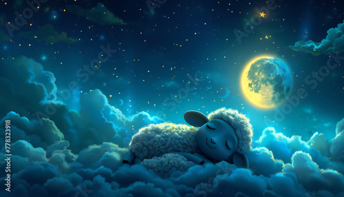 Caricature of a cute sheep sleeping in a field in clouds a full moon night