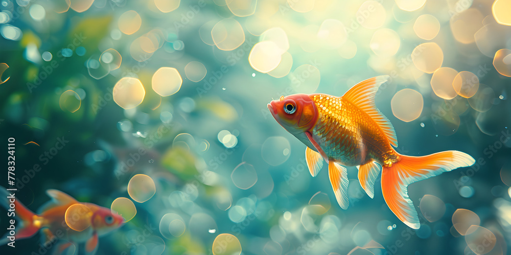 A Vibrant Goldfish Leaps Energetically From The Glistening Surface Of The Beautiful underwater world near greenery look Concept Marine Life, Goldfish, Water Splash, Energetic Movement, Vibrant Colors.