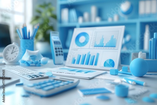 A blue laptop with a blue background and a bunch of blue objects on the desk