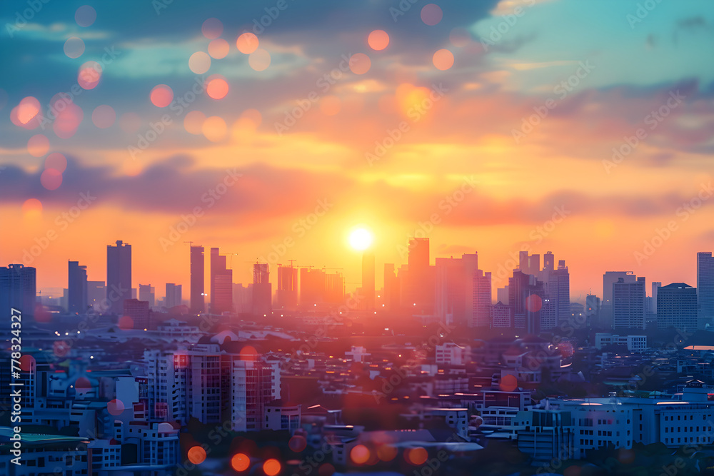 Fototapeta premium Blur city background of blurry sunrise or happy golden hour sunset evening with heatwave, summer sun heat wave, and cityscape buildings skyline backdrop