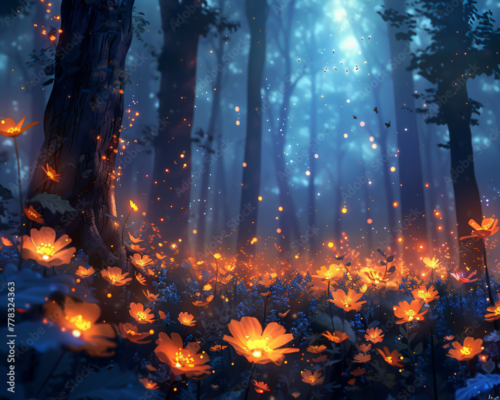 In a mystical forest, fireflies transform into tiny flames, igniting the bloom of nocturnal flowers that glow like embers under a clouddraped sky