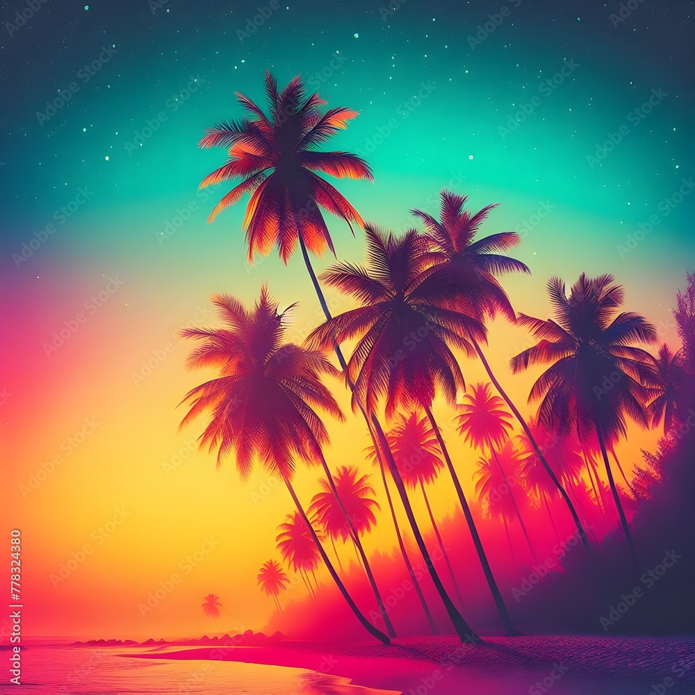 Tropical beach with palm trees at sunset. Vector illustration generated by ai