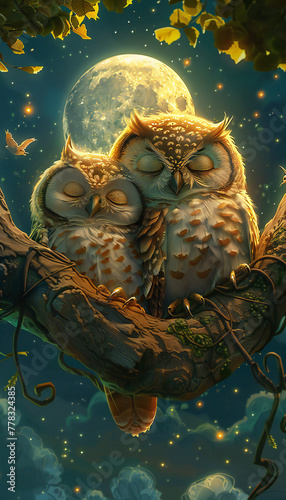 Vertical recreation of two owls asleep and curled up  © bmicrostock