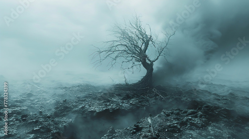 Mist rising from a toxic waste dump shapes itself into a withered tree, symbolizing the death of nature due to pollution