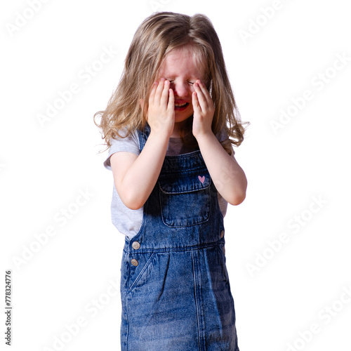 Little girl child upset crying on white background isolation