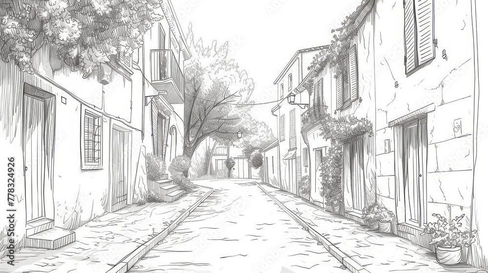 A pencil sketch depicting a serene, narrow lane with quaint houses, suggesting a tranquil village atmosphere.