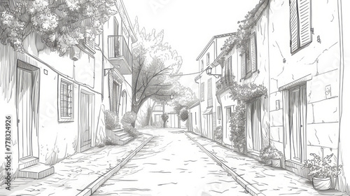 A pencil sketch depicting a serene, narrow lane with quaint houses, suggesting a tranquil village atmosphere.