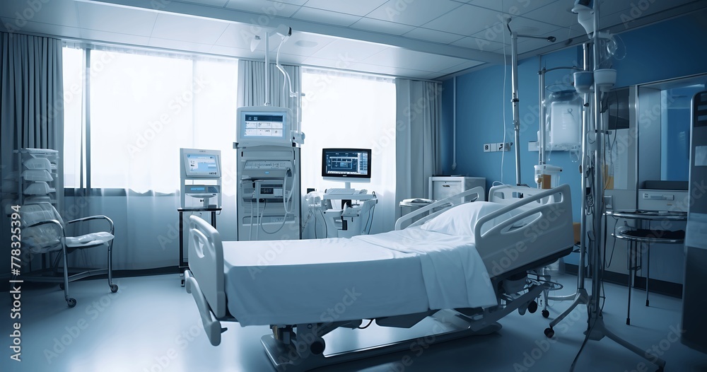 Interior of a modern hospital room. Medical equipment and patient bed. generative ai