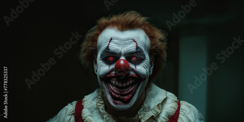 Ultra creepy clown with large bloody smiling mouth and rotting teeth, evil glowing orange eyes and balding hair line with white face paint stalking victims in a dimly lit dark interior corridor. 