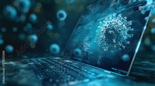 A laptop screen shows a virus with a blue background