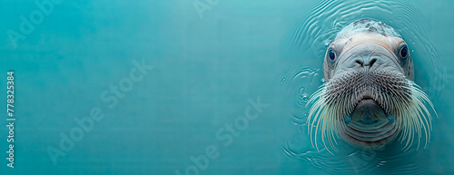 Banner with seal head peeking through a hole in a blue water wall. photo