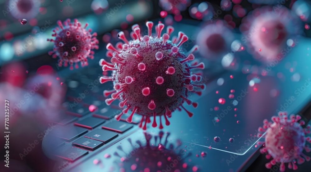 A computer keyboard with a virus on it
