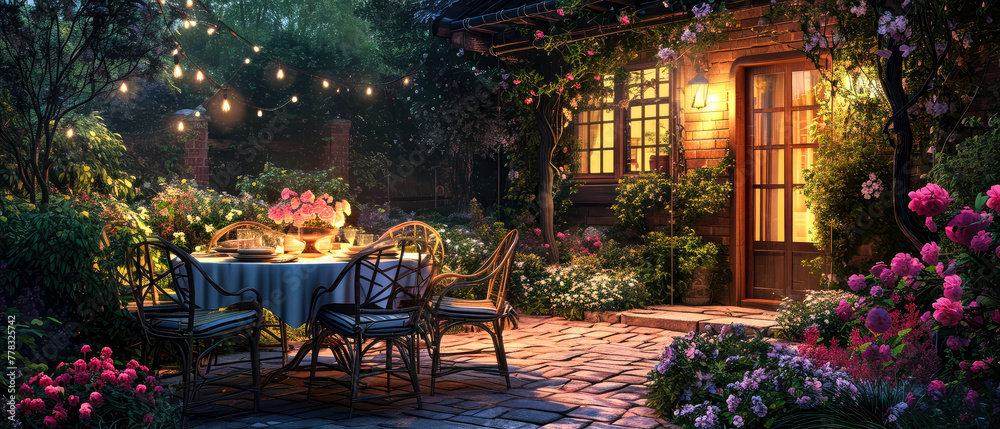 Summer evening in the garden of a country house with a servered dining table. Patio, backyard with furniture, lamp garland. A place to relax, party, drink tea, read books, have breakfast.Generative ai