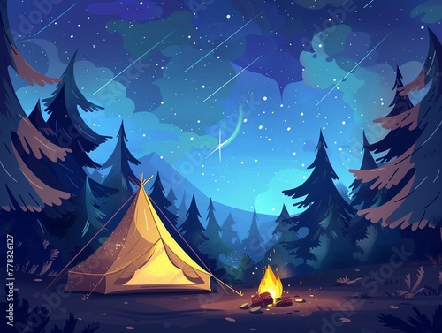 Happy cartoon tent under a starry sky, cozy campfire in front, surrounded by cartoon trees.