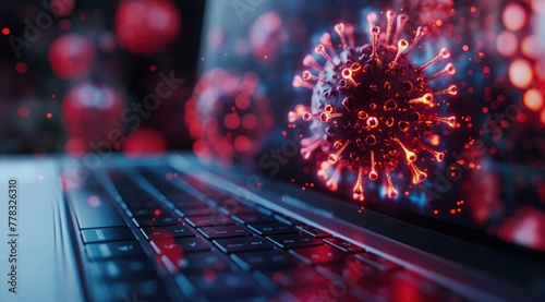 A computer screen shows a virus on a keyboard photo