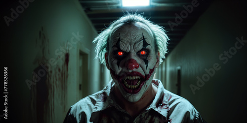 Ultra creepy clown with large bloody smiling mouth and rotting teeth, evil glowing orange eyes and balding hair line with white face paint stalking victims in a dimly lit dark interior corridor. 