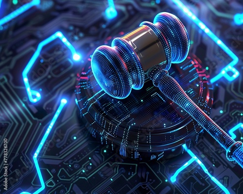 Digital gavel hovering over a cybernetic circuit board, neon blue glows, top view, futuristic style.