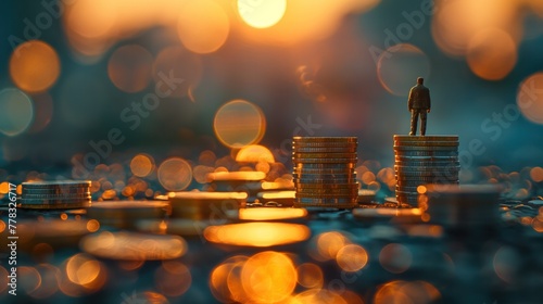 A man stands on top of three stacks of coins