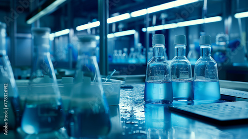 A row of blue vials sits on a table in the lab. The bottle is filled with clear liquid. And the table was full of various scientific equipment. Concept of precision and focus