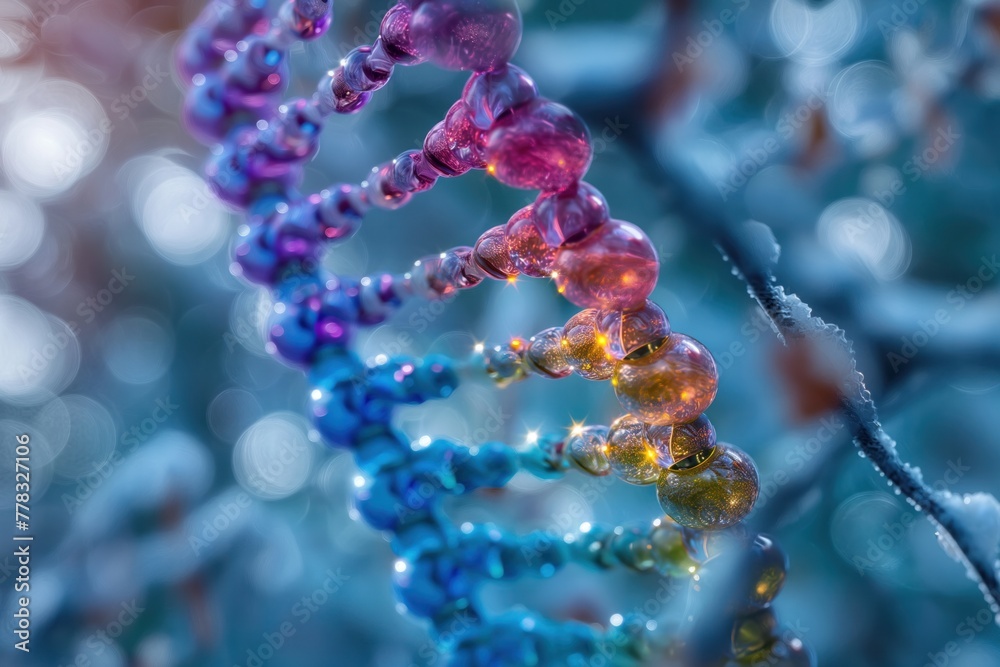 A colorful DNA strand with a blue and purple base A colorful DNA strand with a blue and purple base