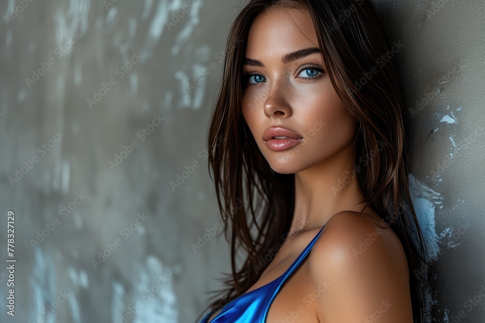 Seductive Silhouette: Brunette Beauty in Blue Dress Seductive Silhouette: Brunette Beauty in Blue Dress