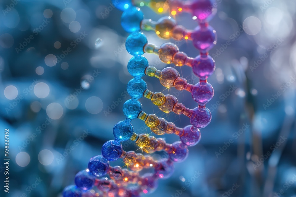 A colorful DNA strand is shown in a blue background A colorful DNA strand is shown in a blue background