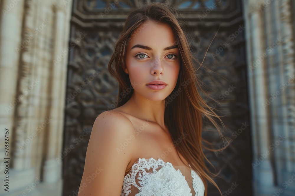 Captivating Bride at Gothic Cathedral's Entrance Captivating Bride at Gothic Cathedral's Entrance