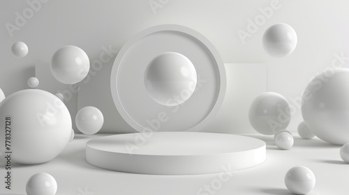 Abstract white futuristic background  floating balls  levitating objects  futuristic platform  empty cylinder podium  circular pedestal  blank product display.