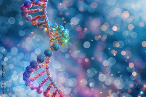 A colorful DNA strand is shown in a blurry, dreamy blue background