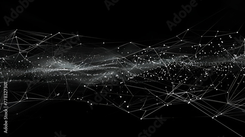 Abstract polygonal space low poly dark background with connecting dots and lines ,bright white network moving over distant faded network on black background