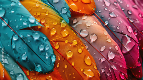 Colorful feathers with water droplets on them, in a closeup, macro style photograph