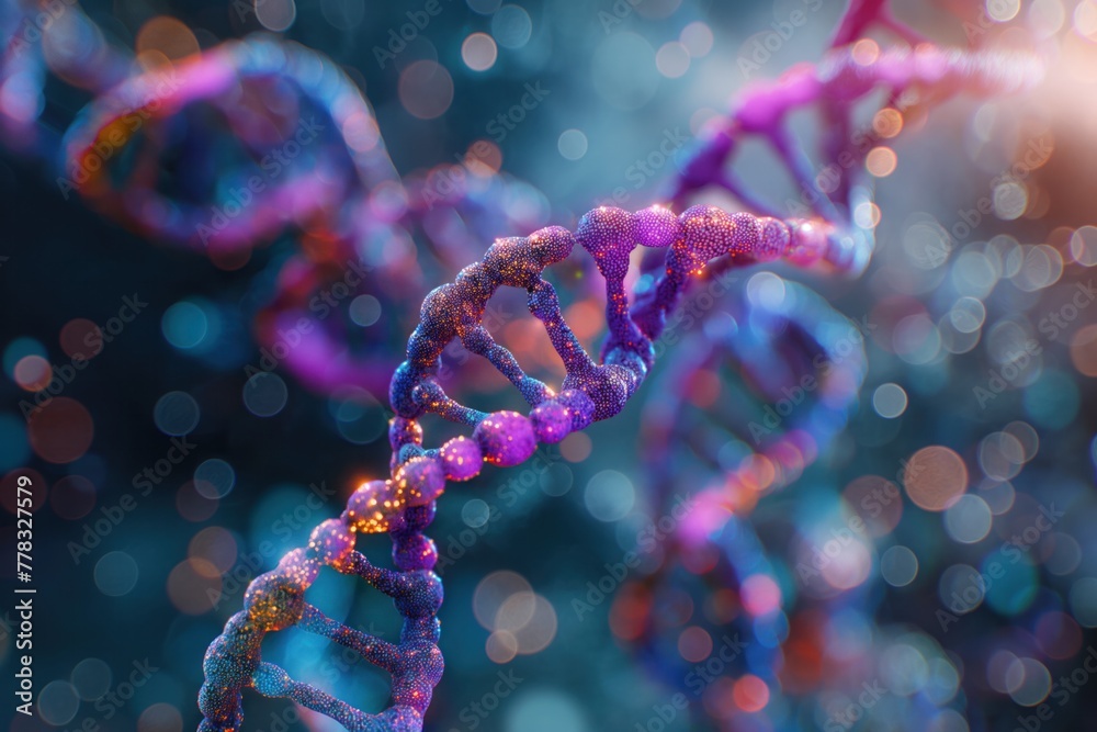 A close up of a DNA strand with a purple and blue color A close up of a DNA strand with a purple and blue color