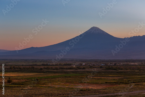 View of Mount Ararat and Armenian Highland on sunset