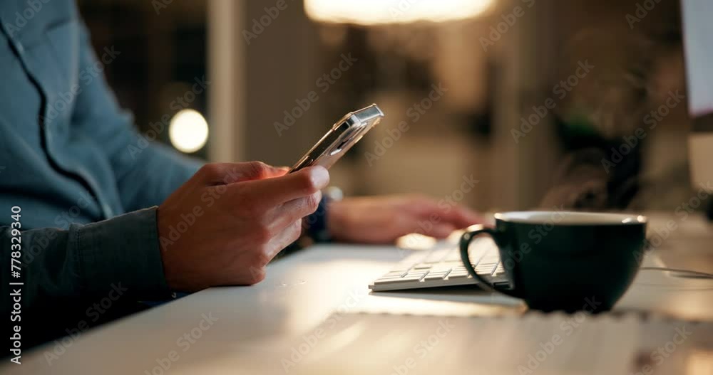 Office, coffee and hand of businessman with smartphone for communication, networking and overtime at night. Closeup, male person and desk with technology for company media, research and scroll Office, coffee and hand of businessman with smartphone for communication, networking and overtime at night. Closeup, male person and desk with technology for company media, research and scroll