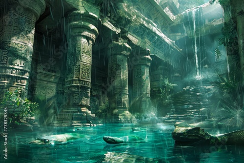 Mysterious Ancient Sunken Temple Ruins Underwater with Sunlight Streaming Through