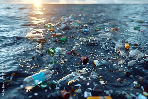 A disturbing view of the ocean surface cluttered with countless plastic bottles and debris, emphasizing the severe pollution affecting marine ecosystems worldwide.