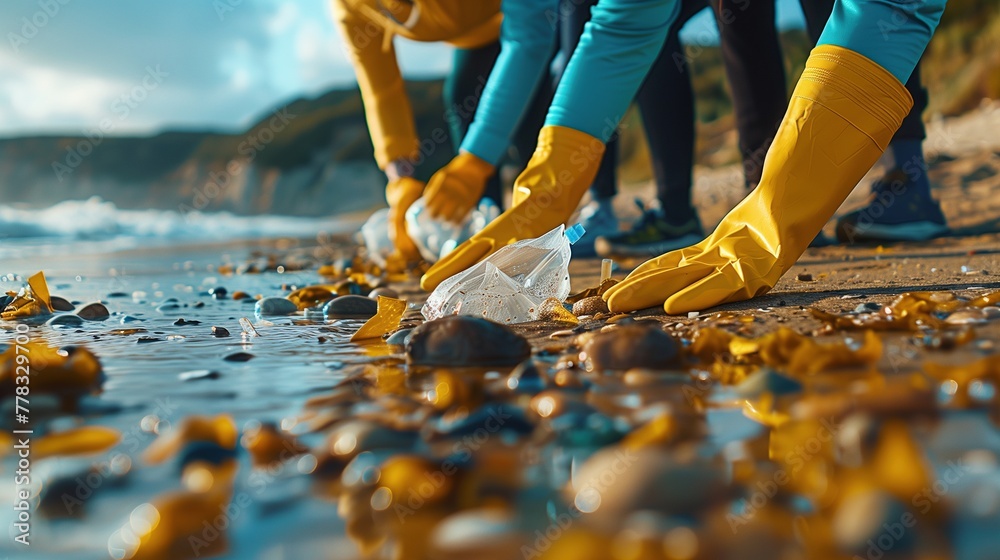 Fototapeta premium Volunteers wearing yellow gloves work together to remove plastic and other trash from a rocky beach, reflecting a community-driven effort to protect the marine environment.