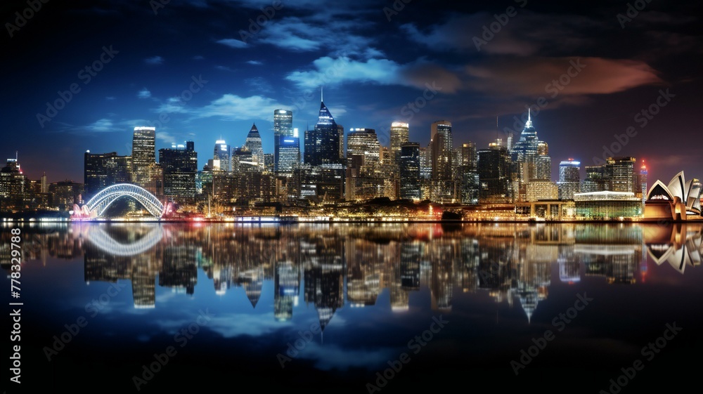 a city skyline with a reflection of a city in the water