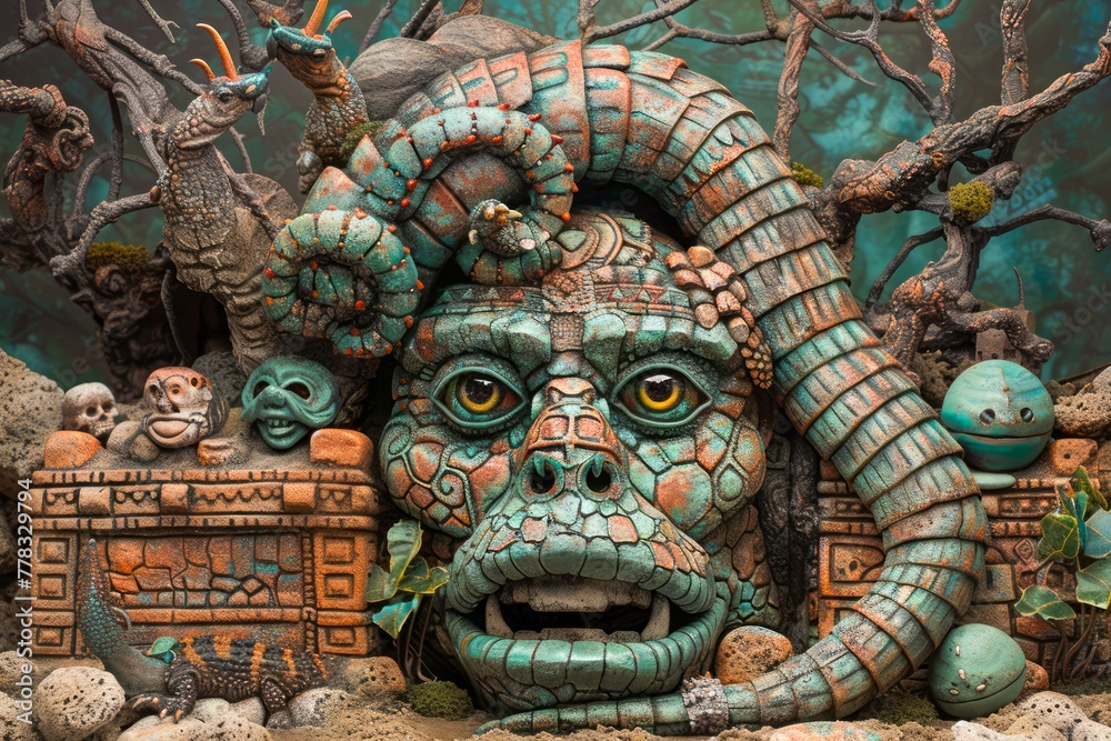 Obraz premium Surreal Ancient Aztec Inspired Stone Sculpture with Intricate Patterns amidst a Mystical Forest Setting