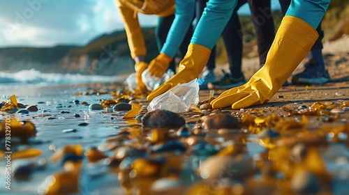 Volunteers wearing yellow gloves work together to remove plastic and other trash from a rocky beach, reflecting a community-driven effort to protect the marine environment.