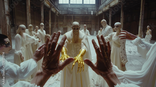 A staged, theatrical scene depicts a group of people in white garb and surreal masks, with a central figure in golden gloves extending their hands forward in an industrial setting.