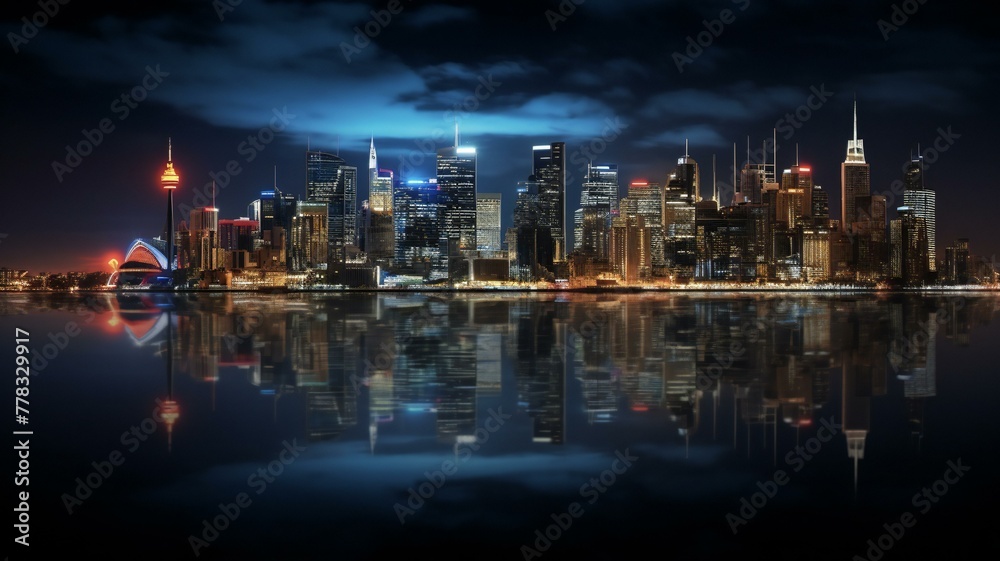 a city skyline with a reflection of a city in the water